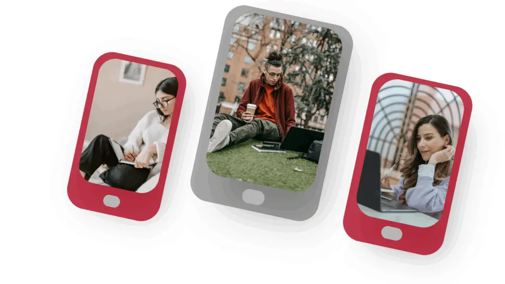 Imagen decorativa, 3 móviles con fotos de personas estudiando de distintas formas.